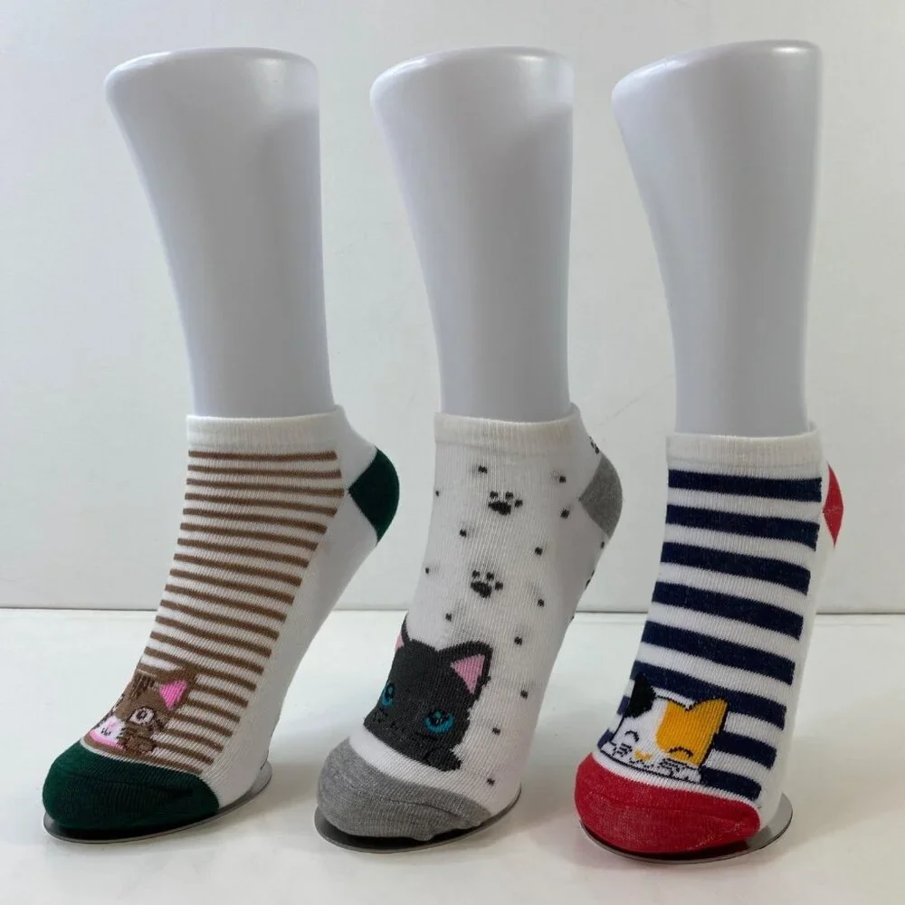 3 Pack of Cat-Themed Ankle Socks Womens Fun Stripes & Paw Prints